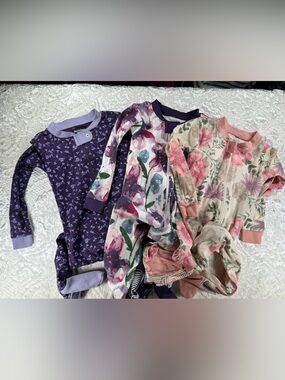 Burt's Bees Floral Zip Romper Pack - Purple, Pink & Cream set of 3